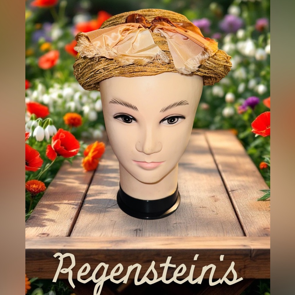 Vintage 40’s Regenstein’s Miss Alice Pill Box Straw Satin Sunday Meeting Hat